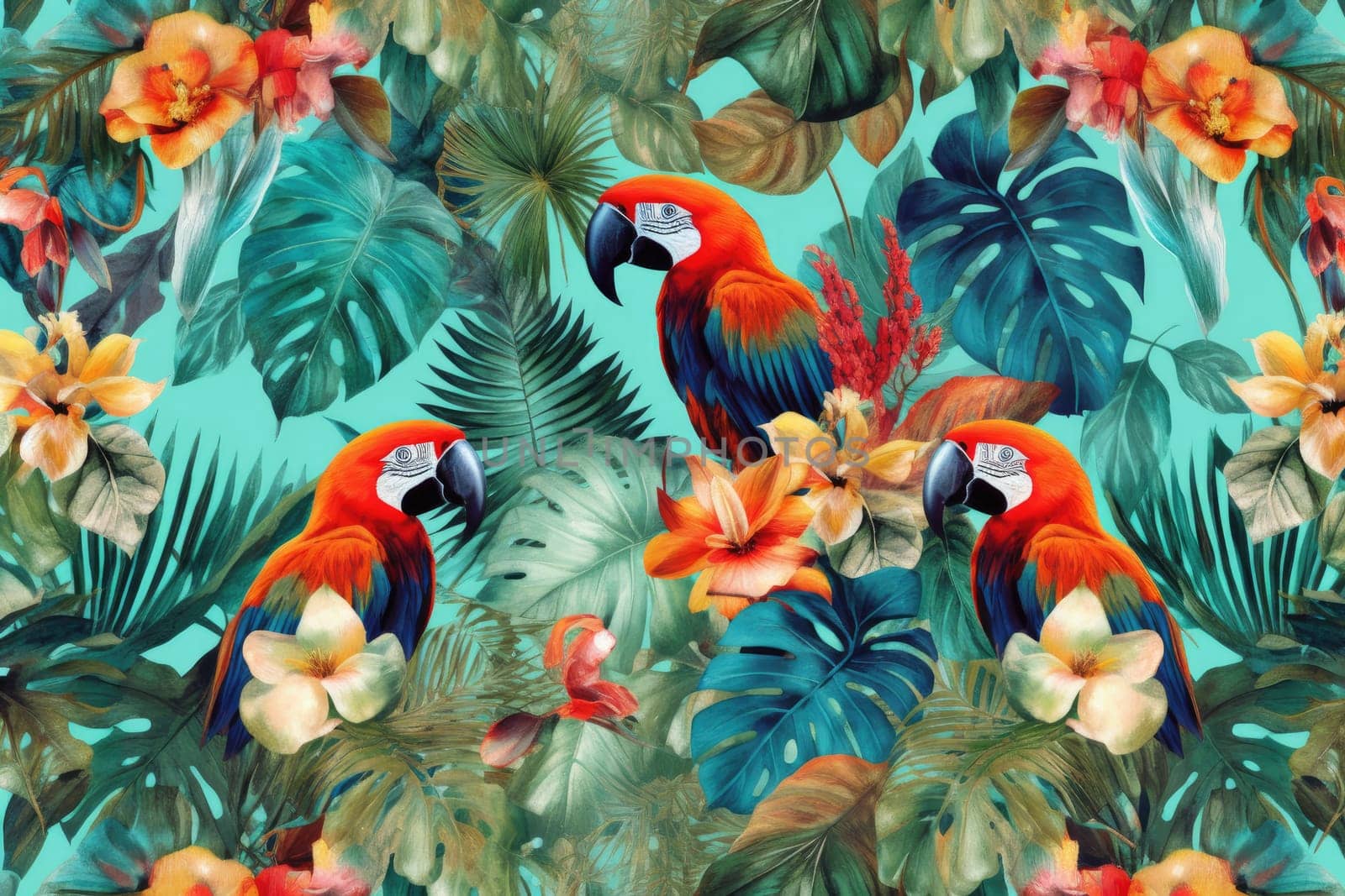 Tropical exotic pattern with animal and flowers in bright colors and lush vegetation. Ai Generative