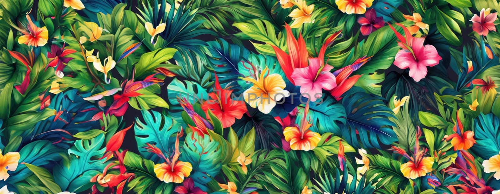 Tropical exotic pattern with animal and flowers in bright colors and lush vegetation. Ai Generative