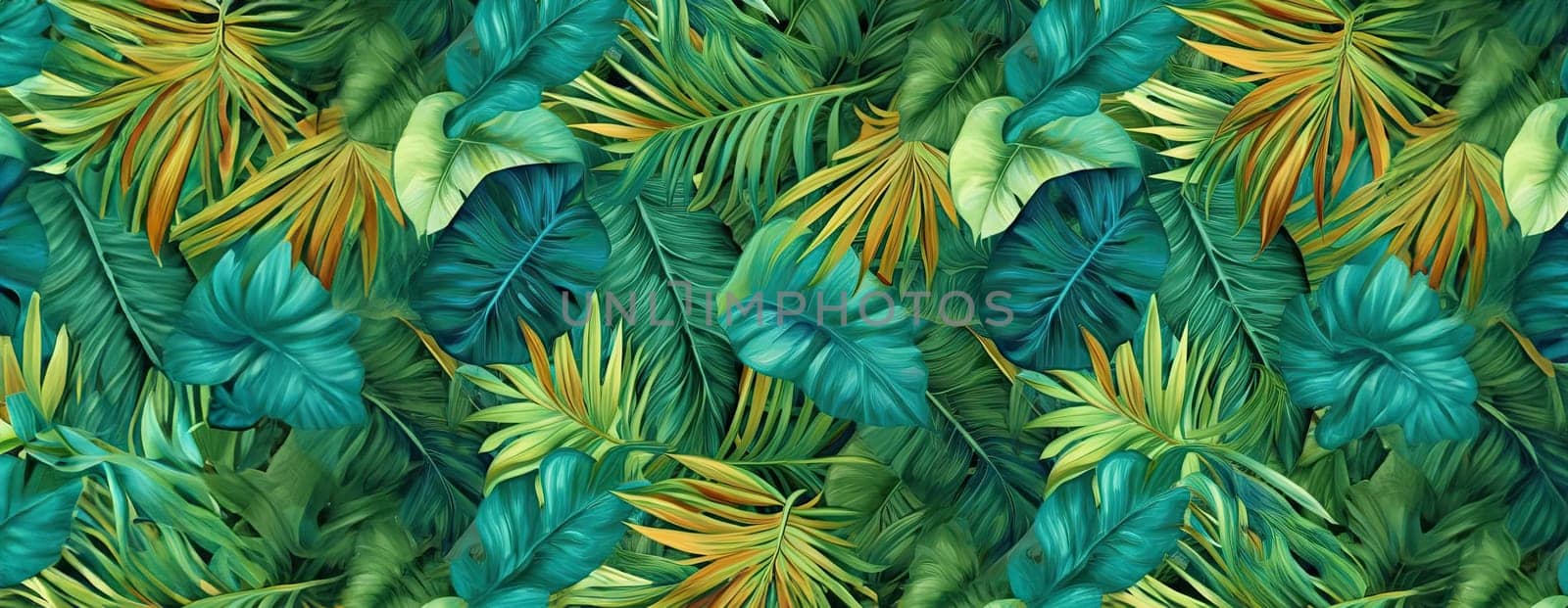 Tropical exotic pattern with animal and flowers in bright colors and lush vegetation. Ai Generative