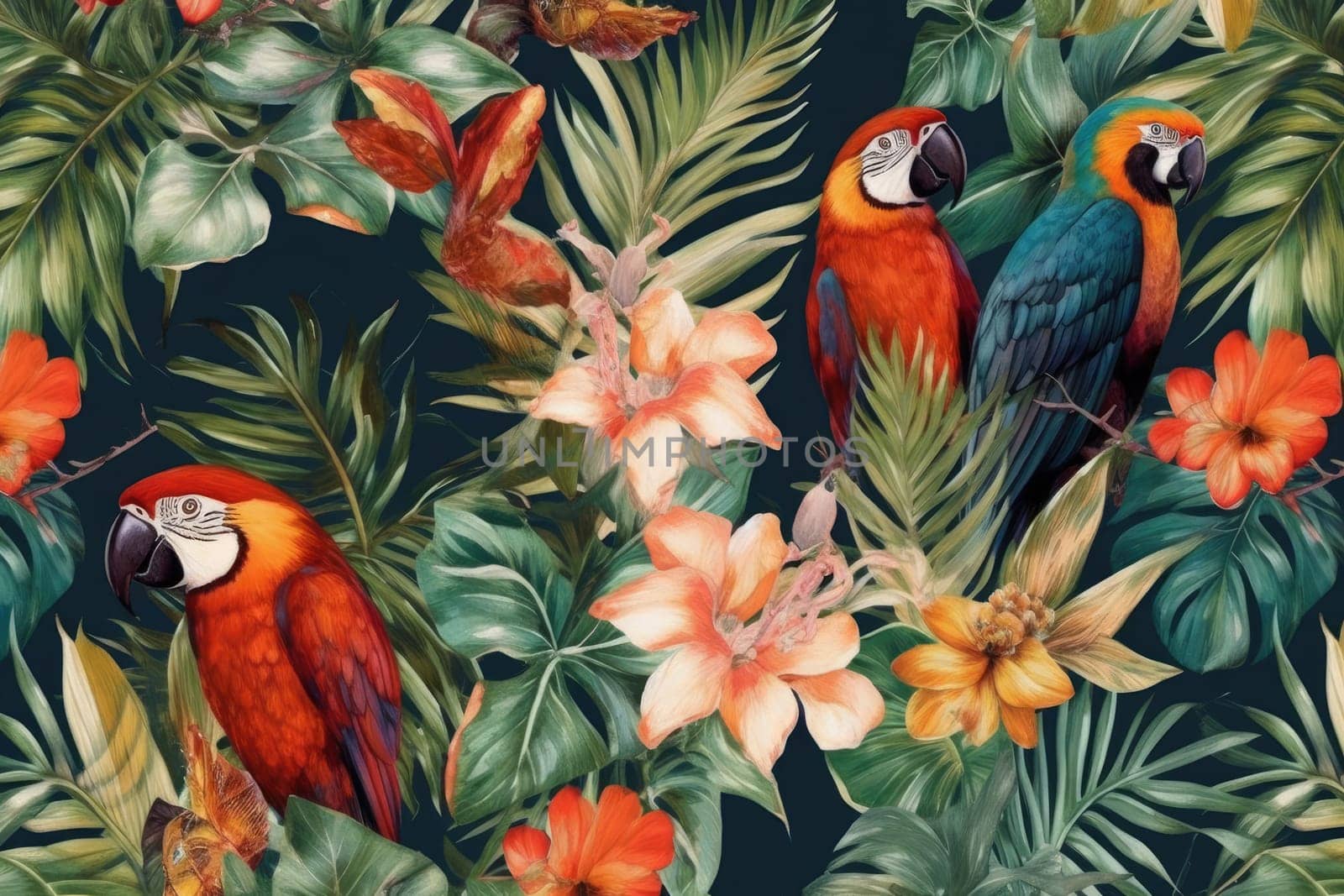 Tropical exotic pattern with animal and flowers in bright colors and lush vegetation. Ai Generative