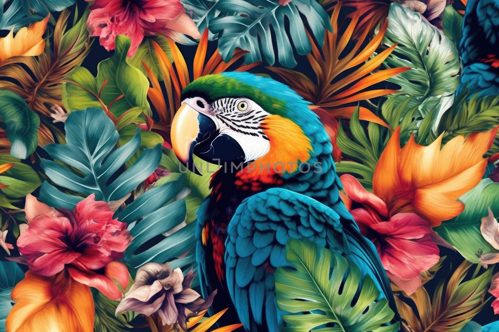 Tropical exotic pattern with animal and flowers in bright colors and lush vegetation. Ai Generative