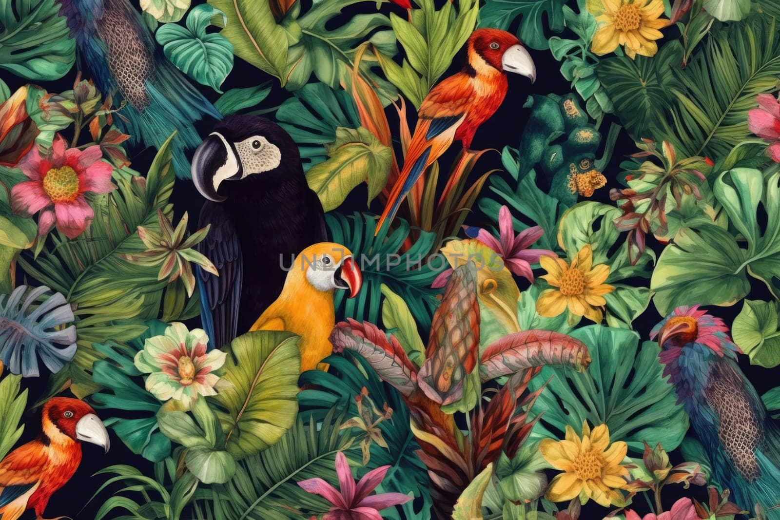 Tropical exotic pattern with animal and flowers in bright colors and lush vegetation. Ai Generative