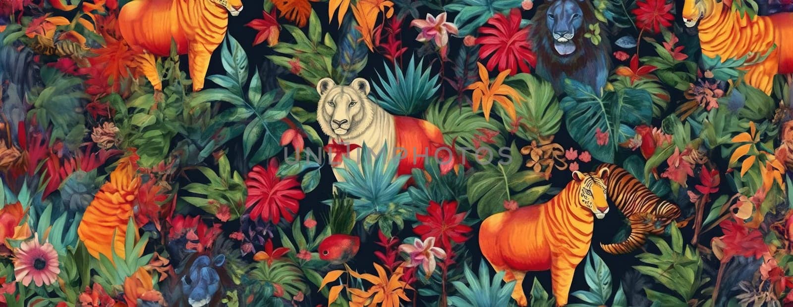 Tropical exotic pattern with animal and flowers in bright colors and lush vegetation. Ai Generative