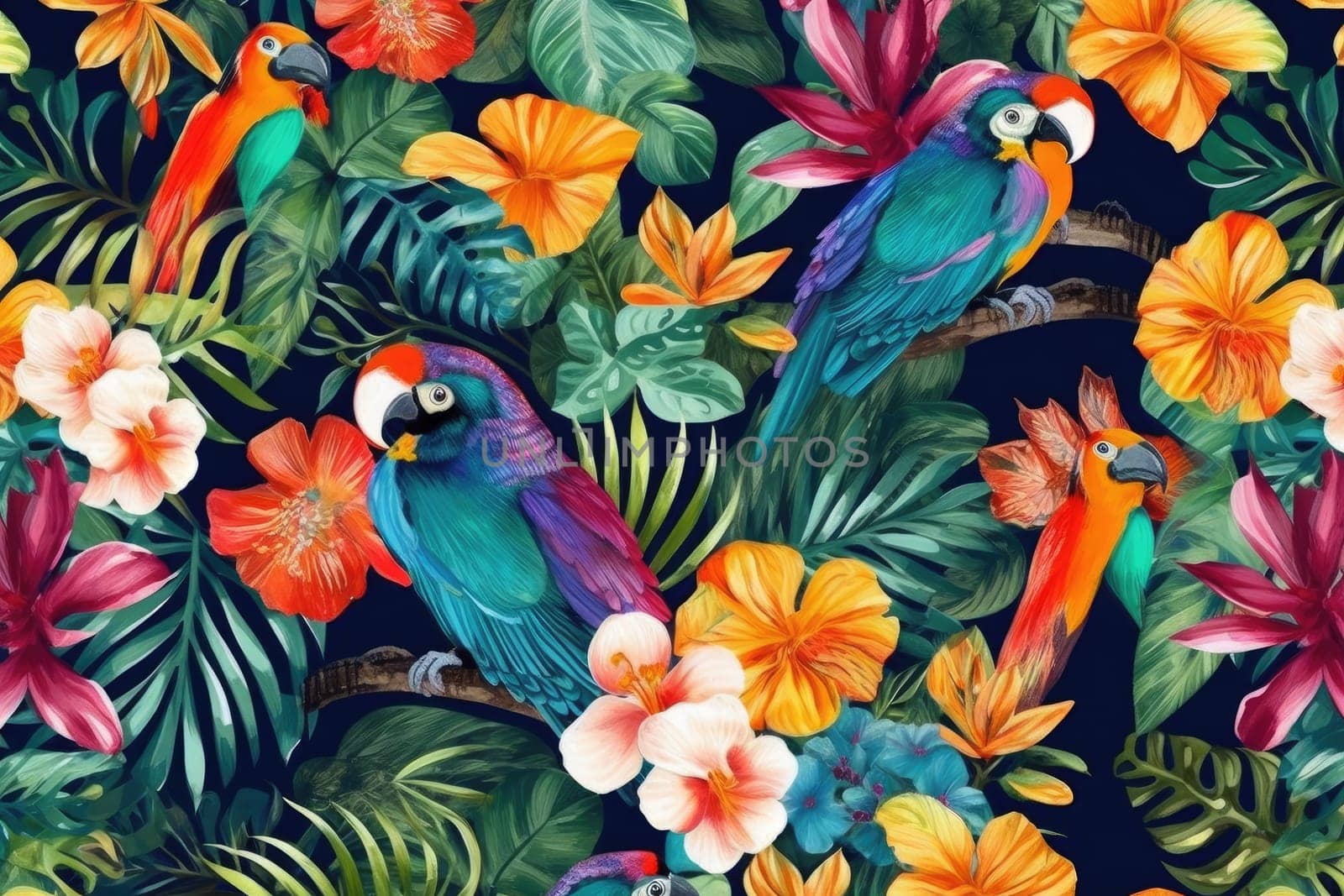 Tropical exotic pattern with animal and flowers in bright colors and lush vegetation. Ai Generative