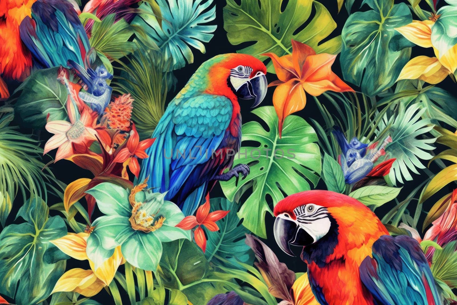 Tropical exotic pattern with animal and flowers in bright colors and lush vegetation. Ai Generative