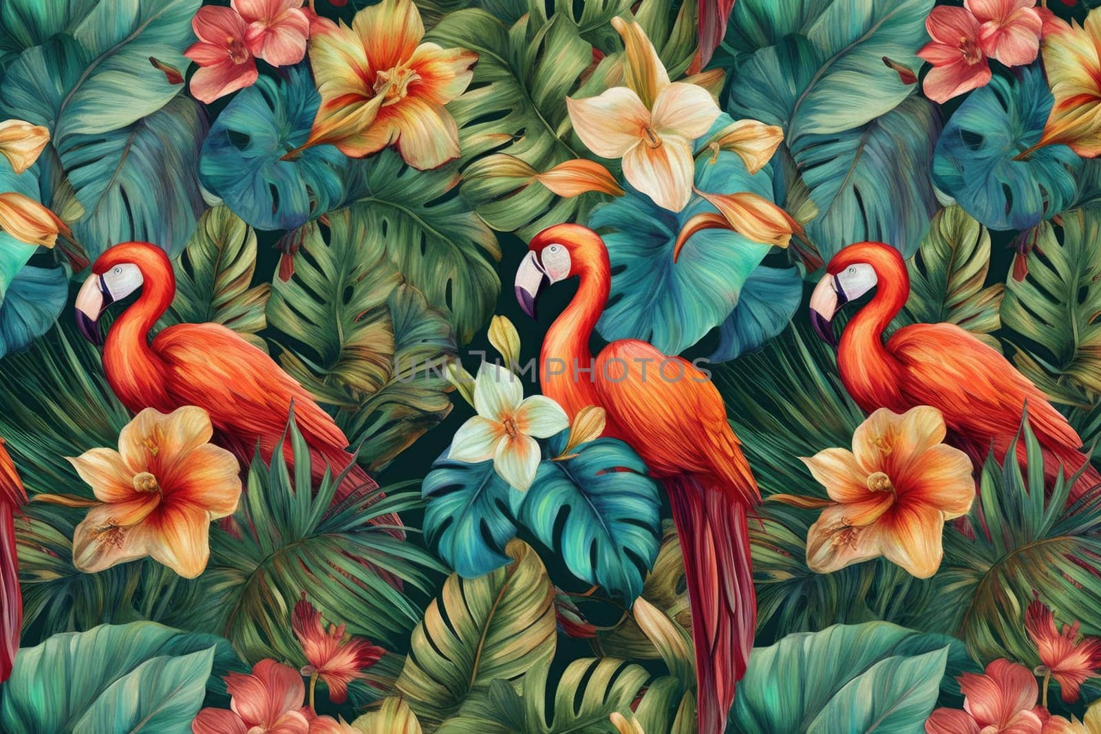 Tropical exotic pattern with animal and flowers in bright colors and lush vegetation. Ai Generative