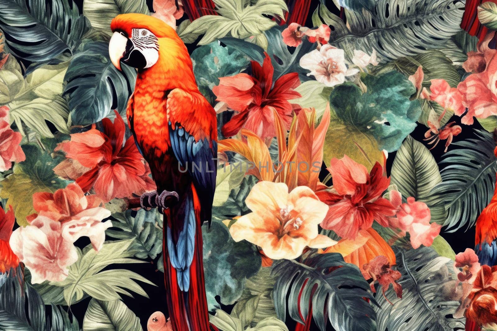 Tropical exotic pattern with animal and flowers in bright colors and lush vegetation. Ai Generative