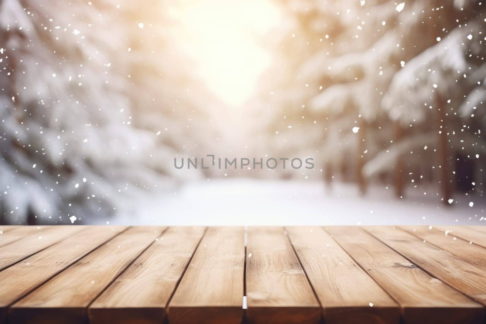 Table in beautiful winter landscape, wood plank in mountain outdoor comeliness by biancoblue