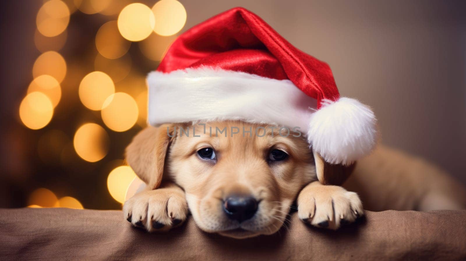 Adorable dog wearing Santa hats at room decorated for Christmas comeliness