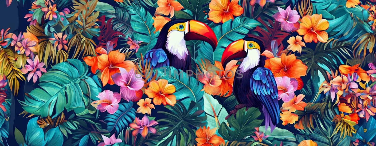 Tropical exotic pattern with animal and flowers in bright colors and lush vegetation. Ai Generative. by Benzoix