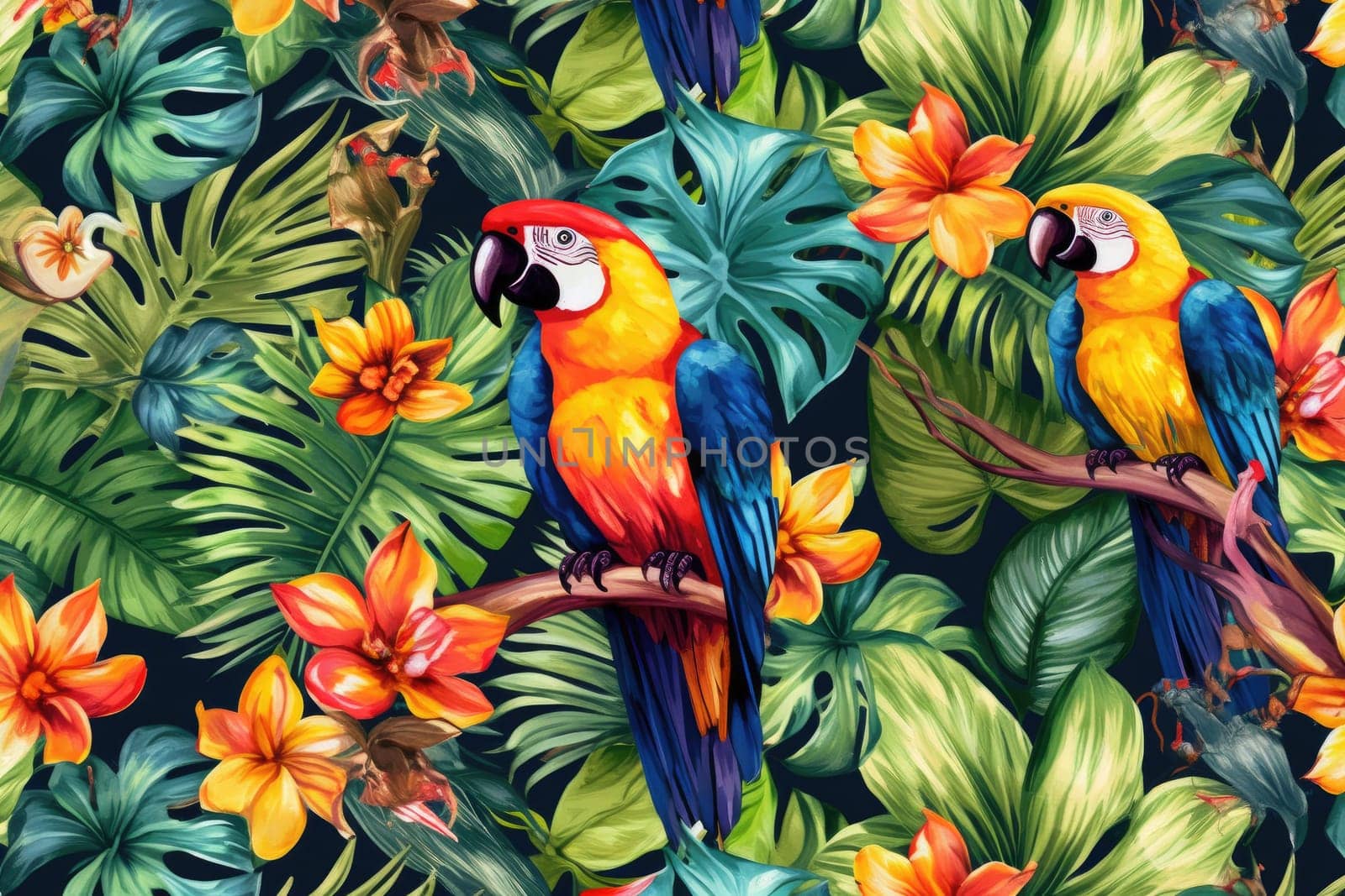 Tropical exotic pattern with animal and flowers in bright colors and lush vegetation. Ai Generative. by Benzoix