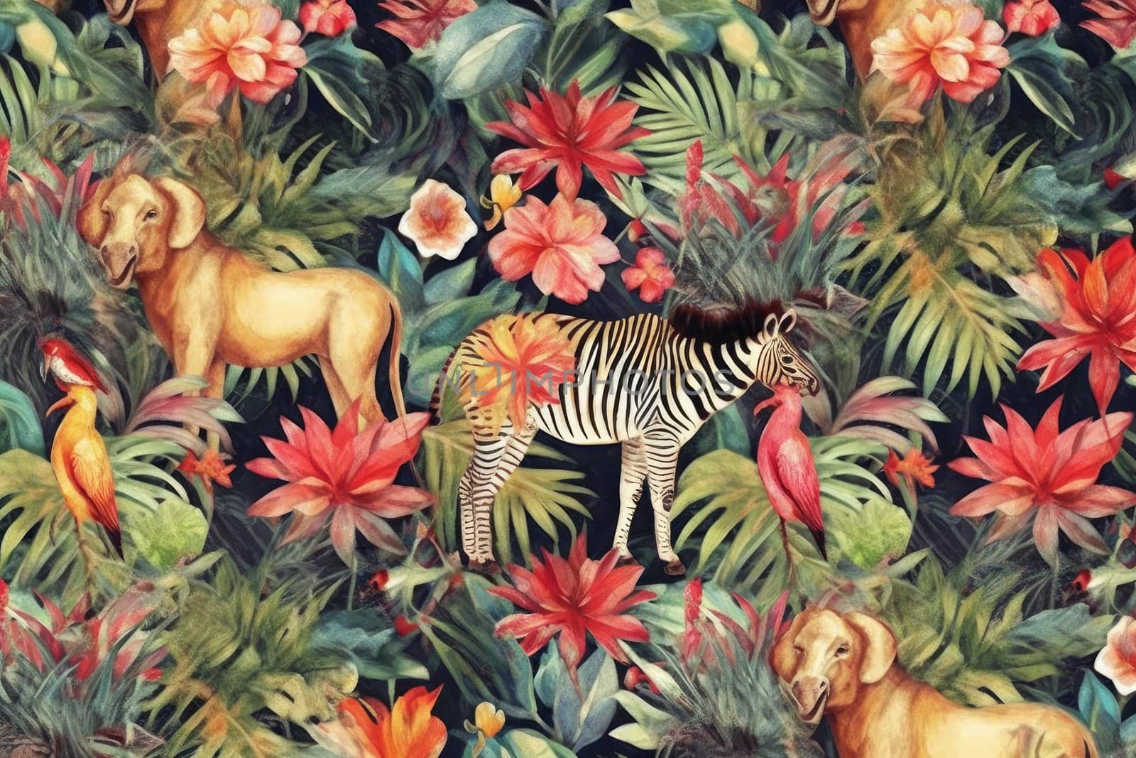 Tropical exotic pattern with animal and flowers in bright colors and lush vegetation. Ai Generative. by Benzoix