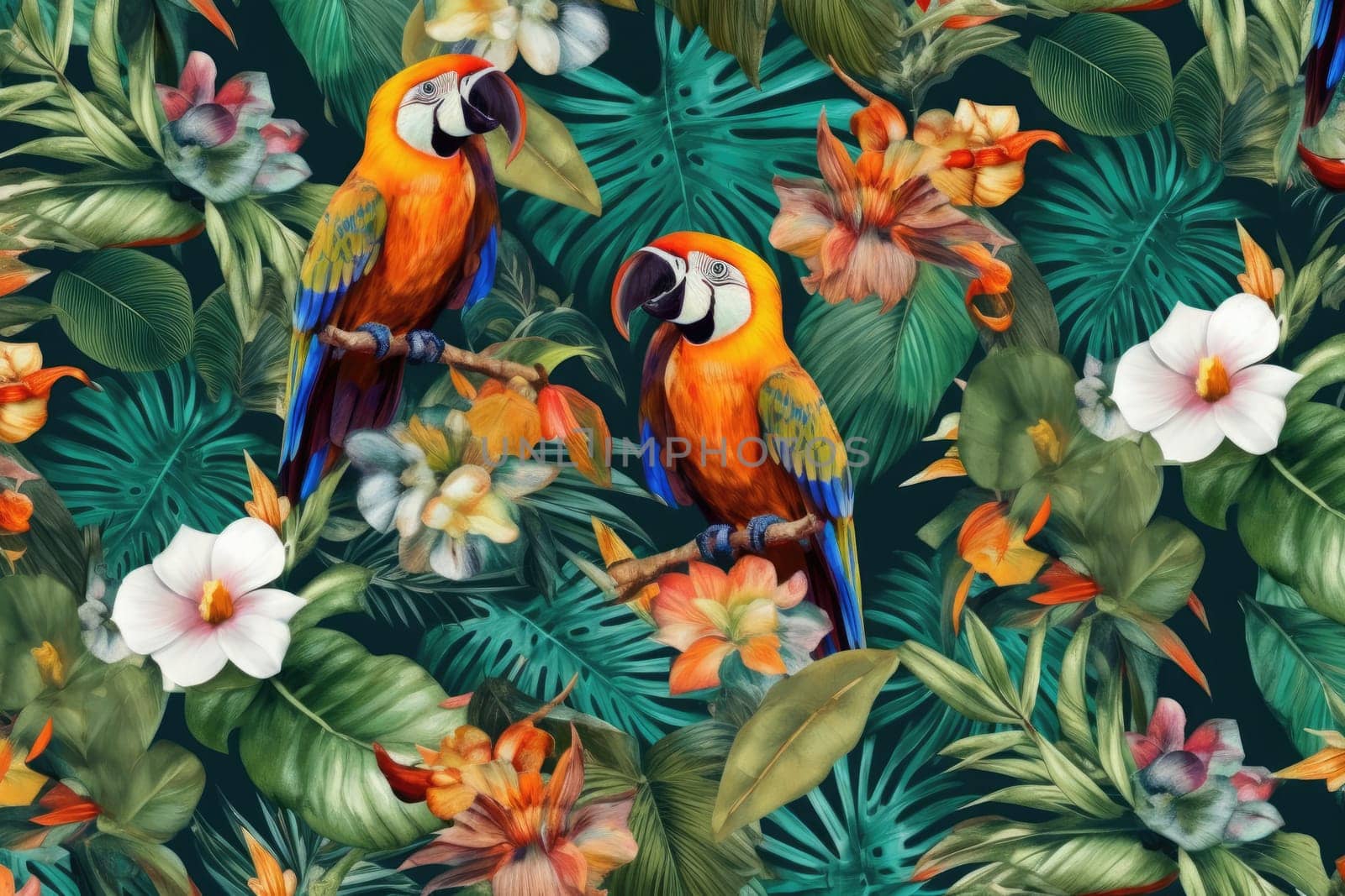 Tropical exotic pattern with animal and flowers in bright colors and lush vegetation. Ai Generative