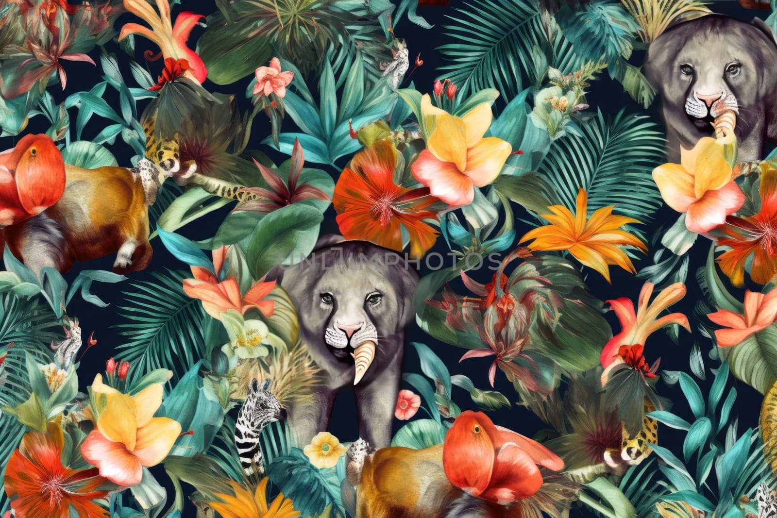 Tropical exotic pattern with animal and flowers in bright colors and lush vegetation. Ai Generative. by Benzoix