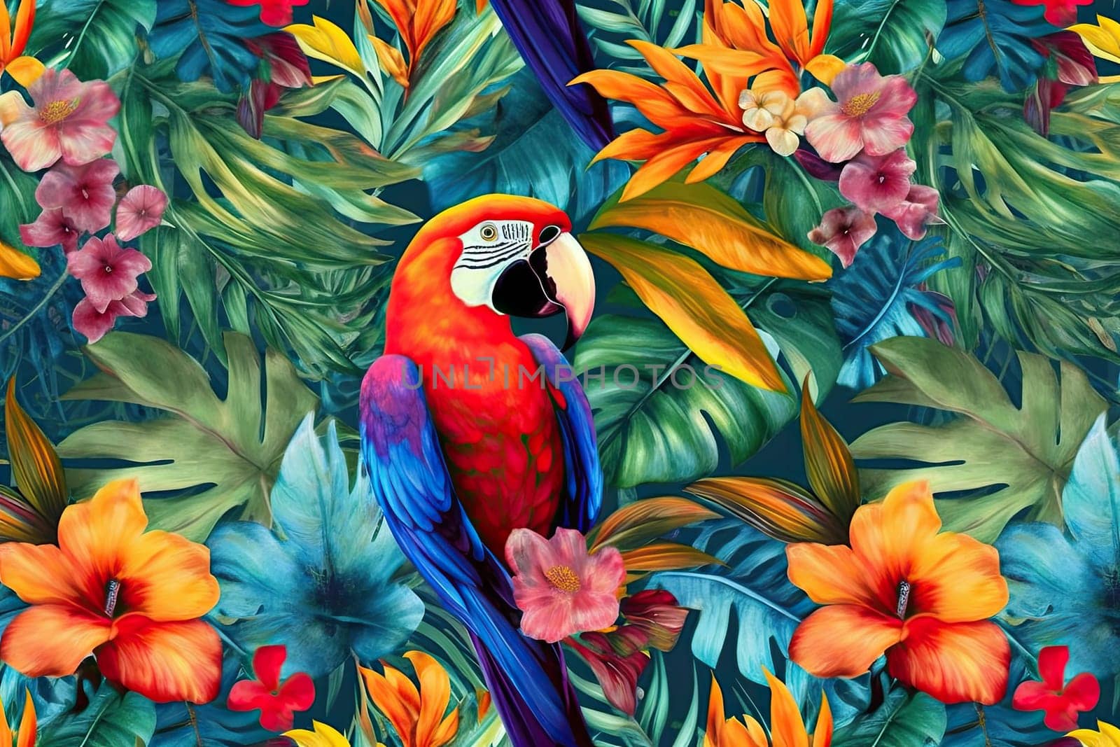 Tropical exotic pattern with animal and flowers in bright colors and lush vegetation. Ai Generative