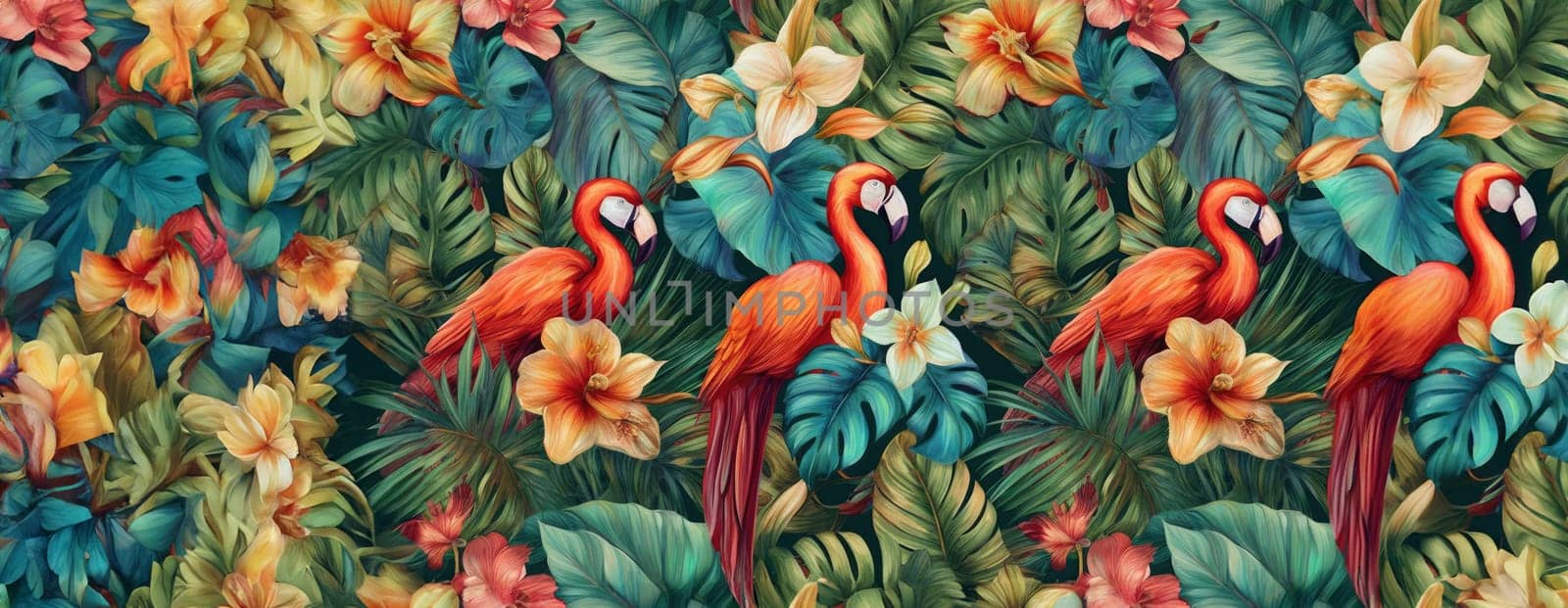 Tropical exotic pattern with animal and flowers in bright colors and lush vegetation. Ai Generative. by Benzoix