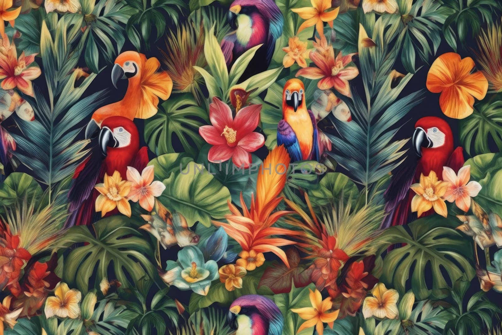 Tropical exotic pattern with animal and flowers in bright colors and lush vegetation. Ai Generative