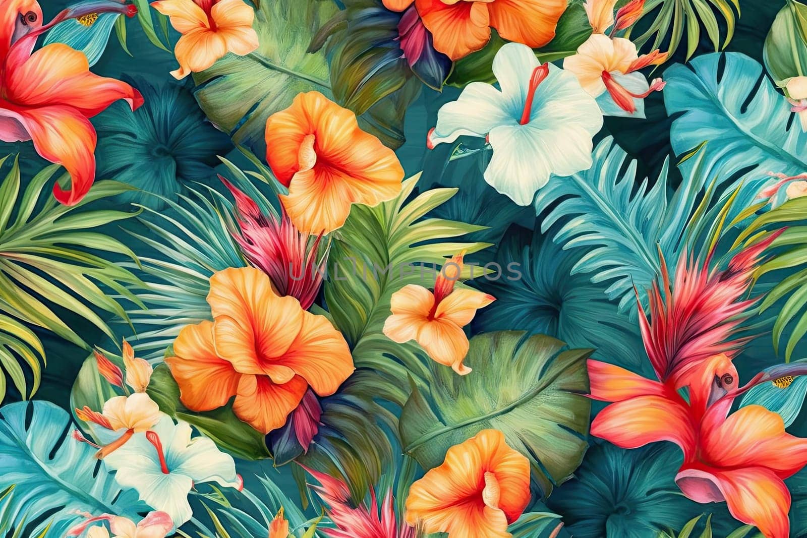 Tropical exotic pattern with animal and flowers in bright colors and lush vegetation. Ai Generative