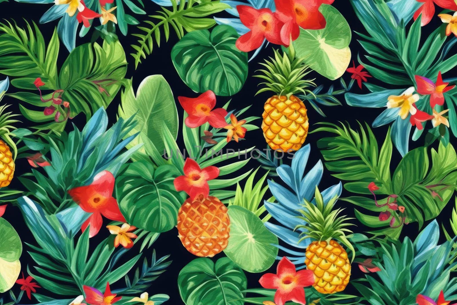 Tropical exotic pattern with animal and flowers in bright colors and lush vegetation. Ai Generative