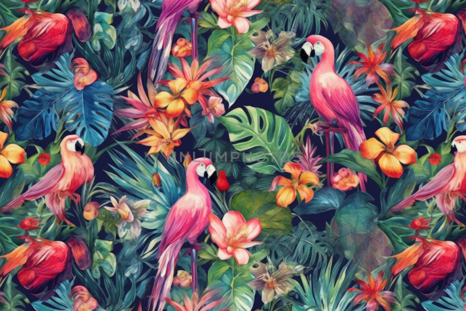 Tropical exotic pattern with animal and flowers in bright colors and lush vegetation. Ai Generative