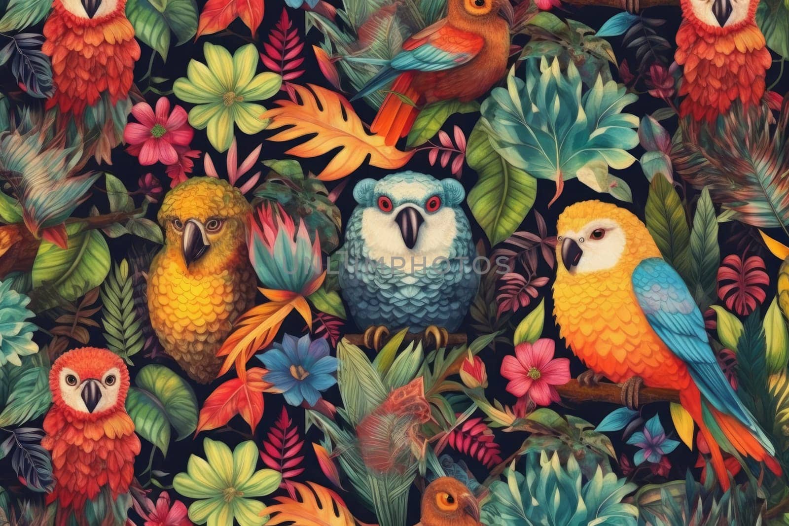 Tropical exotic pattern with animal and flowers in bright colors and lush vegetation. Ai Generative