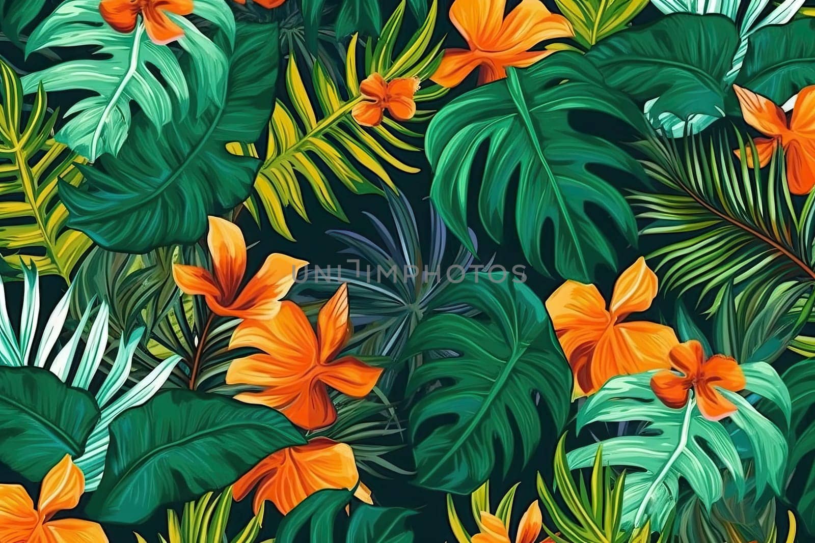 Tropical exotic pattern with animal and flowers in bright colors and lush vegetation. Ai Generative