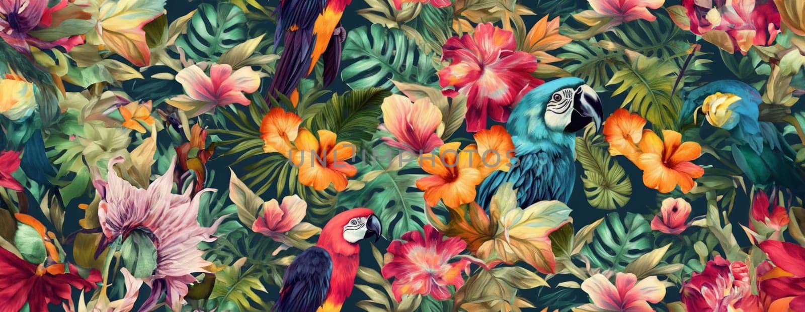 Tropical exotic pattern with animal and flowers in bright colors and lush vegetation. Ai Generative