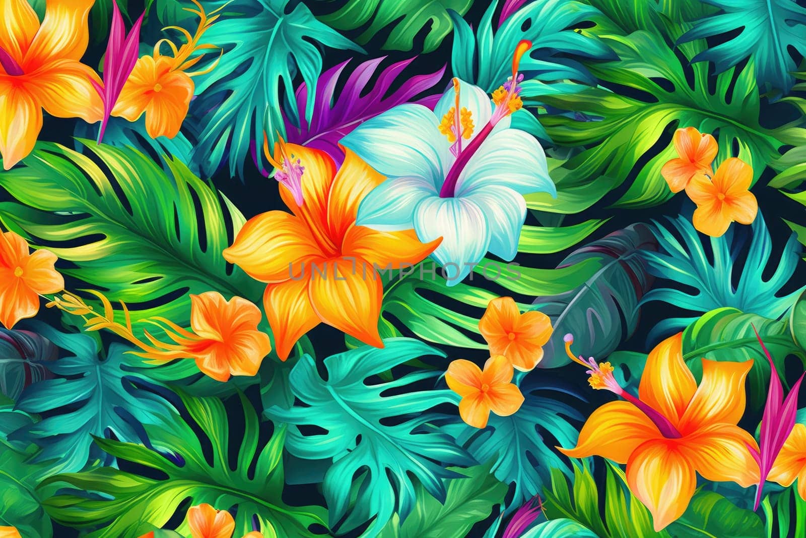 Tropical exotic pattern with animal and flowers in bright colors and lush vegetation. Ai Generative