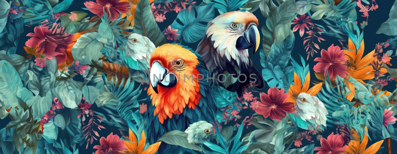 Tropical exotic pattern with animal and flowers in bright colors and lush vegetation. Ai Generative. by Benzoix