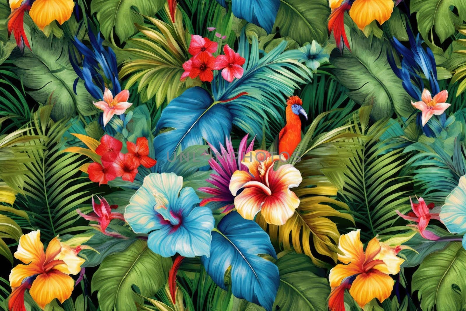 Tropical exotic pattern with animal and flowers in bright colors and lush vegetation. Ai Generative