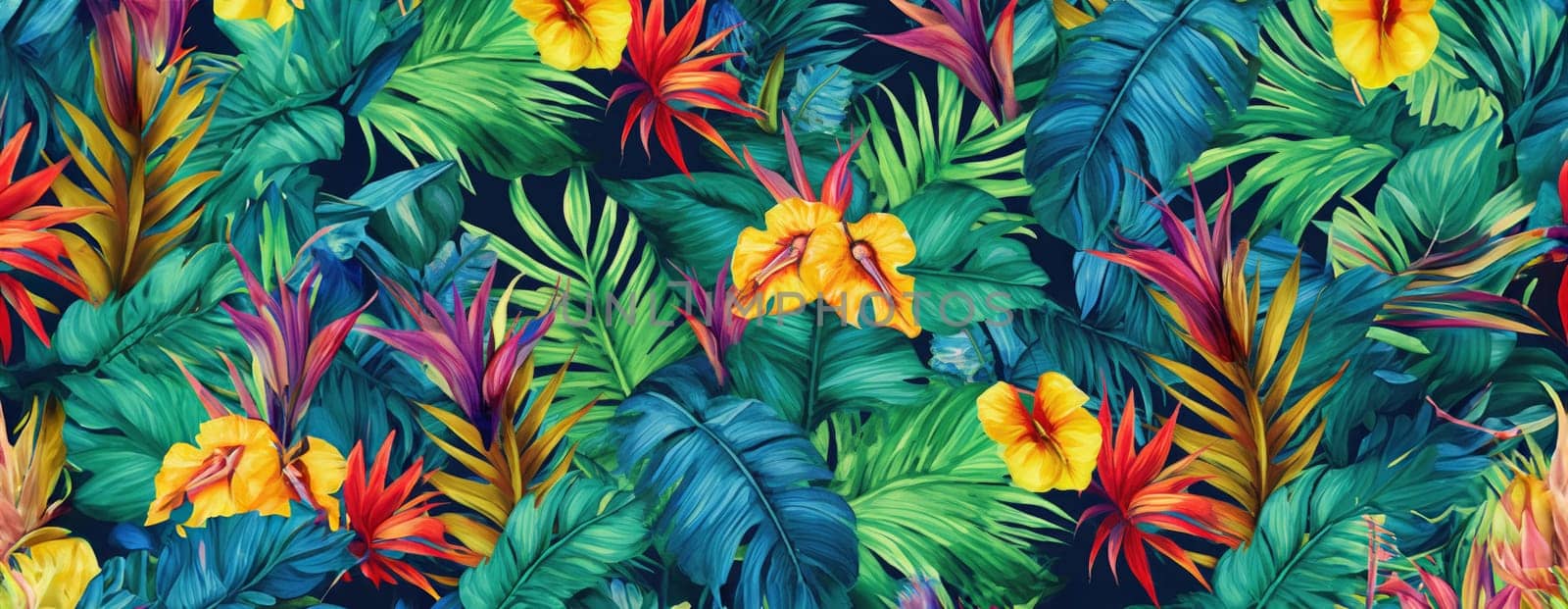 Tropical exotic pattern with animal and flowers in bright colors and lush vegetation. Ai Generative. by Benzoix