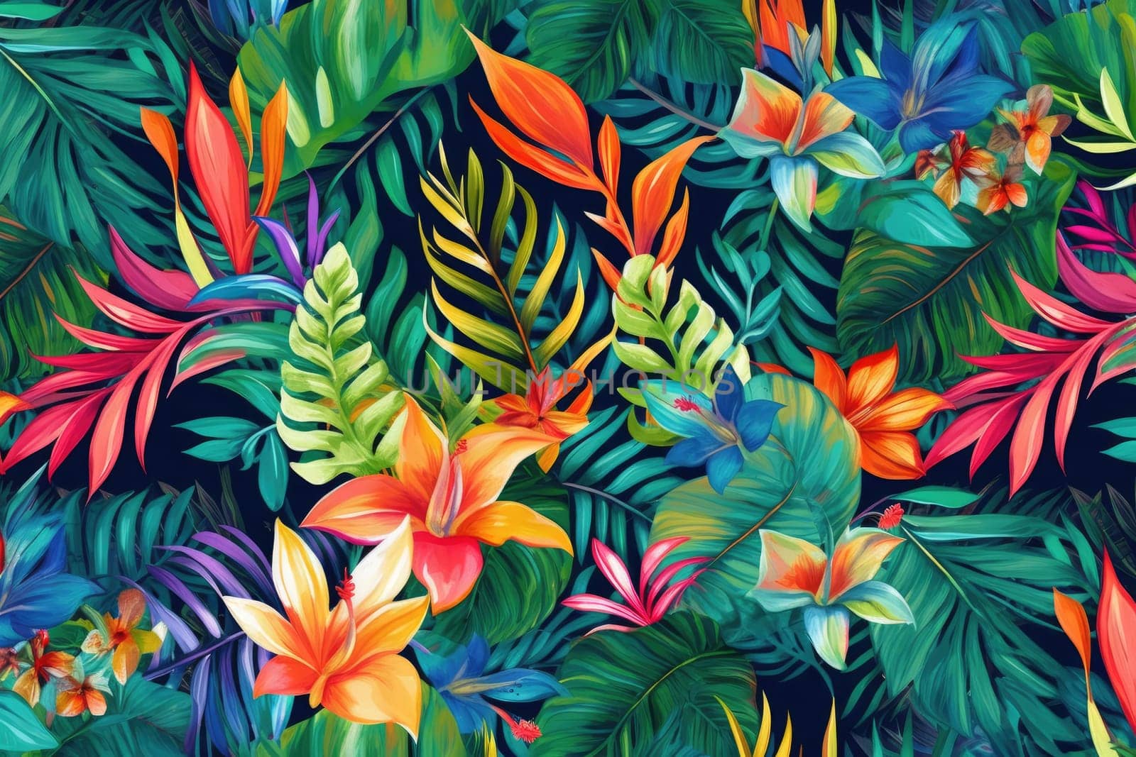 Tropical exotic pattern with animal and flowers in bright colors and lush vegetation. Ai Generative