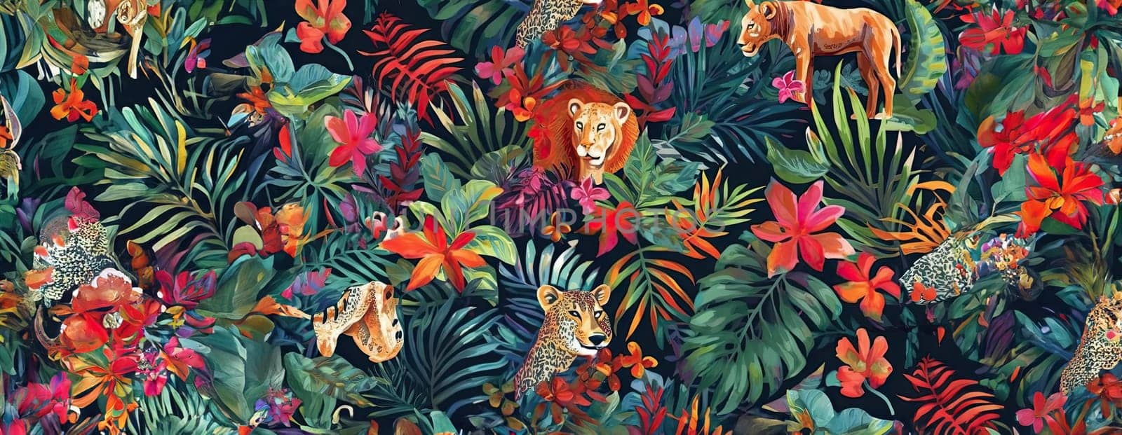 Tropical exotic pattern with animal and flowers in bright colors and lush vegetation. Ai Generative. by Benzoix