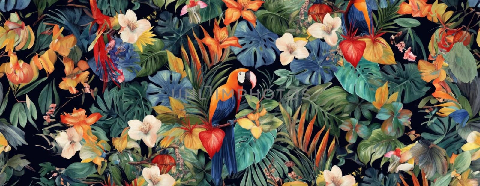 Tropical exotic pattern with animal and flowers in bright colors and lush vegetation. Ai Generative