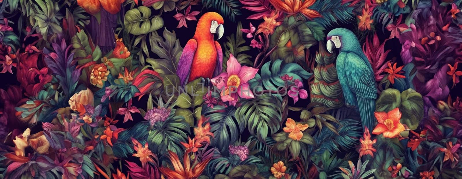 Tropical exotic pattern with animal and flowers in bright colors and lush vegetation. Ai Generative