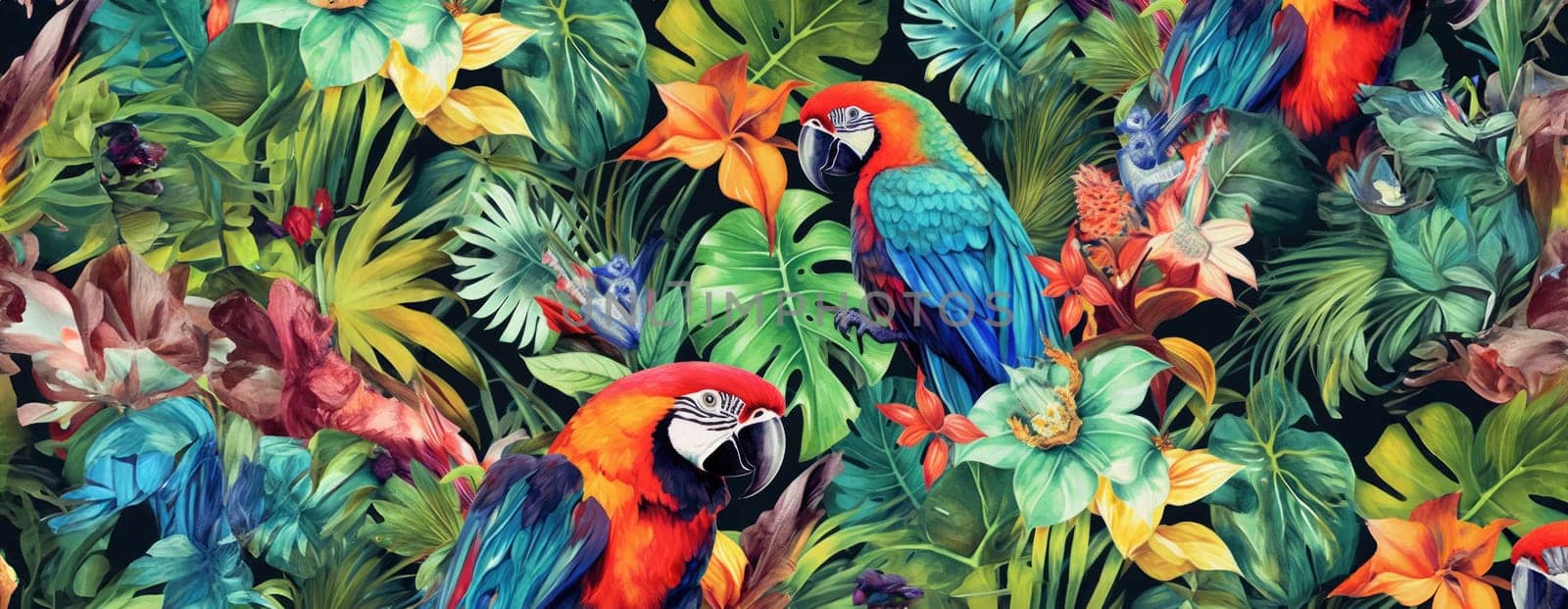 Tropical exotic pattern with animal and flowers in bright colors and lush vegetation. Ai Generative