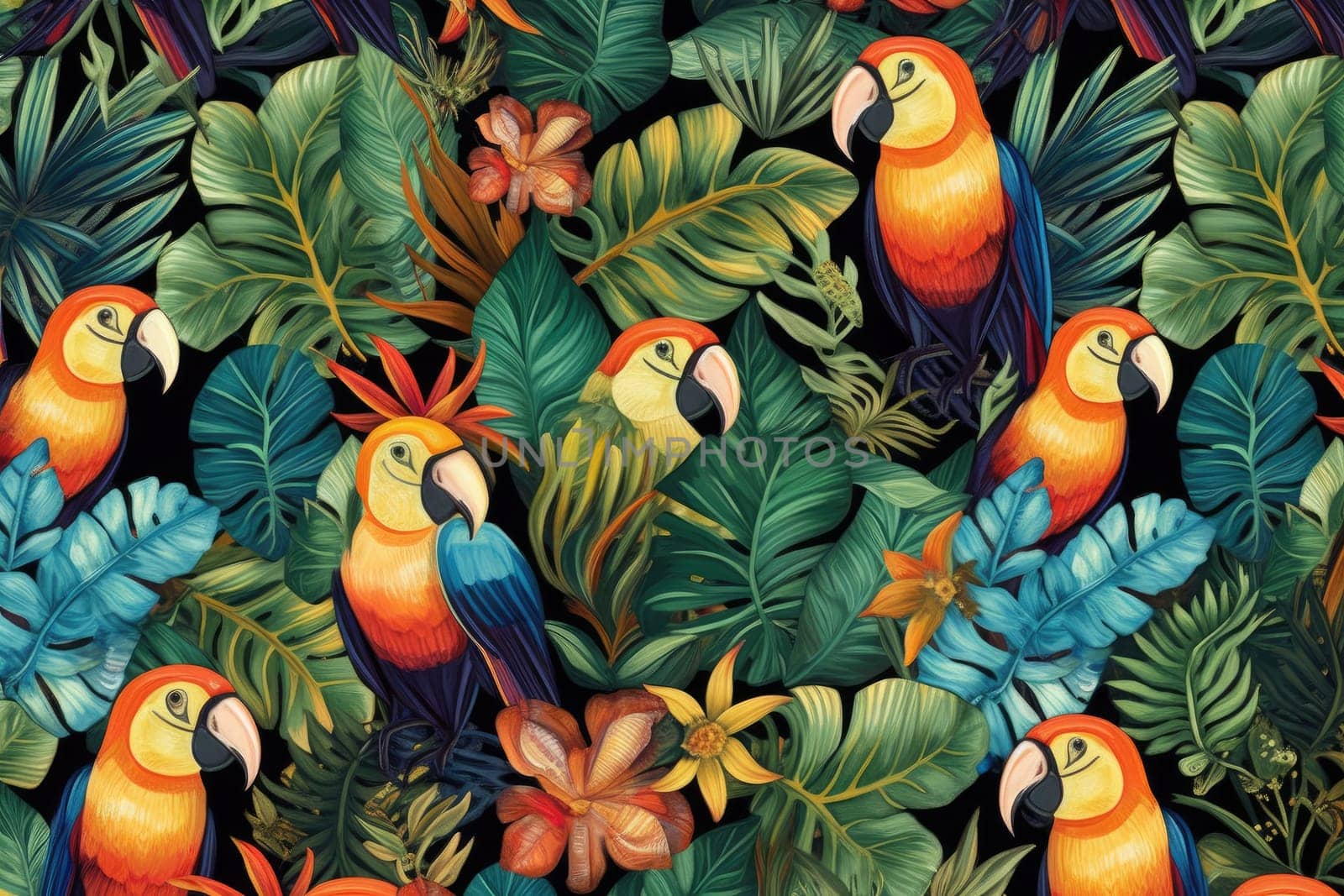 Tropical exotic pattern with animal and flowers in bright colors and lush vegetation. Ai Generative