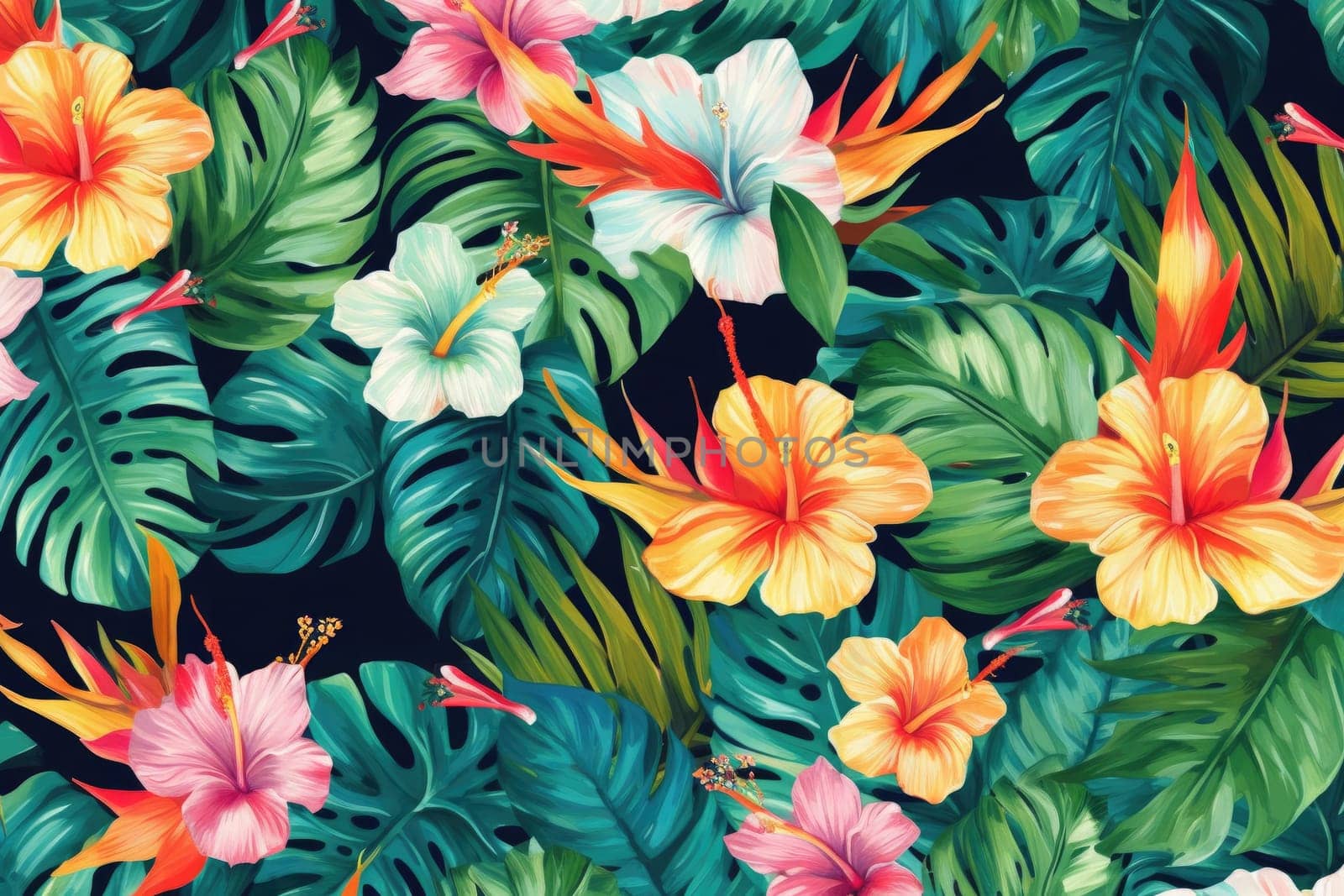 Tropical exotic pattern with animal and flowers in bright colors and lush vegetation. Ai Generative. by Benzoix