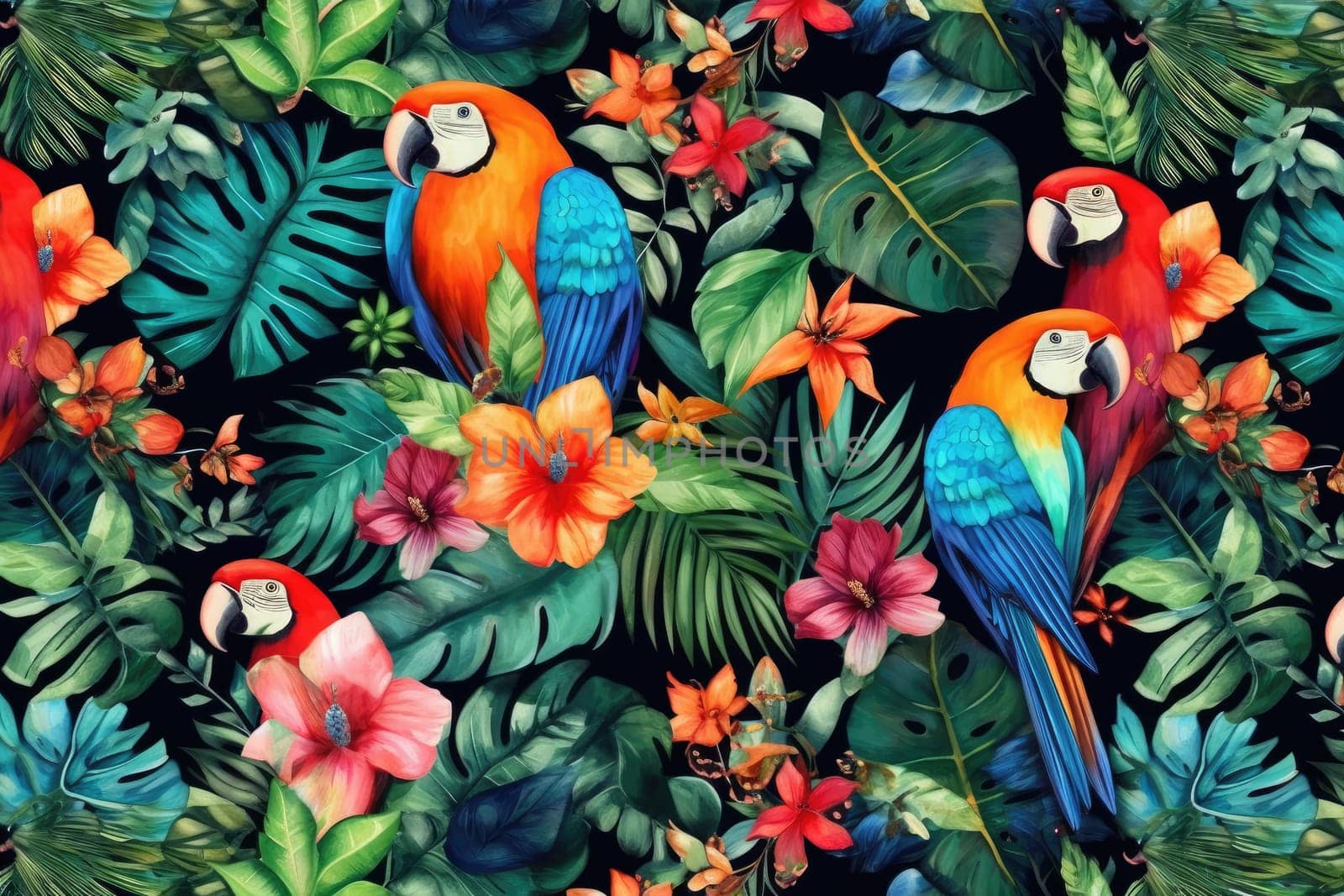 Tropical exotic pattern with animal and flowers in bright colors and lush vegetation. Ai Generative