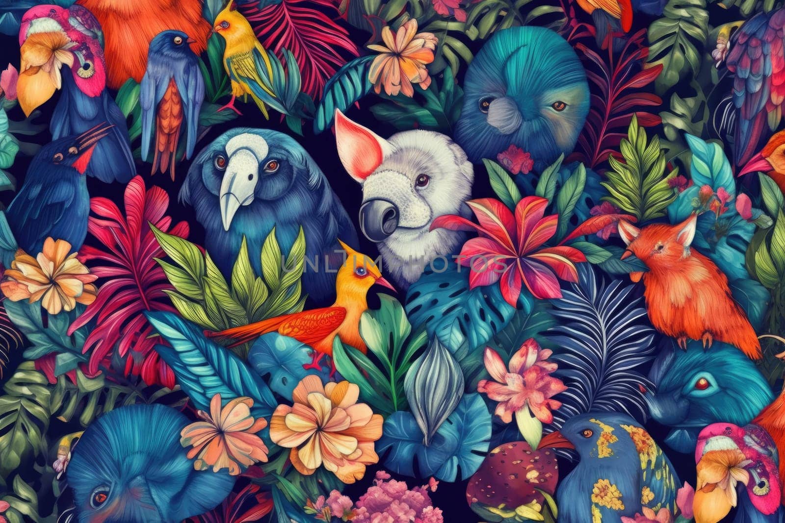 Tropical exotic pattern with animal and flowers in bright colors and lush vegetation. Ai Generative. by Benzoix