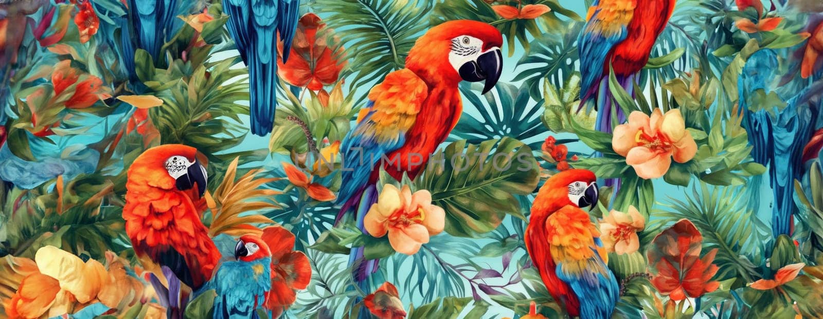 Tropical exotic pattern with animal and flowers in bright colors and lush vegetation. Ai Generative