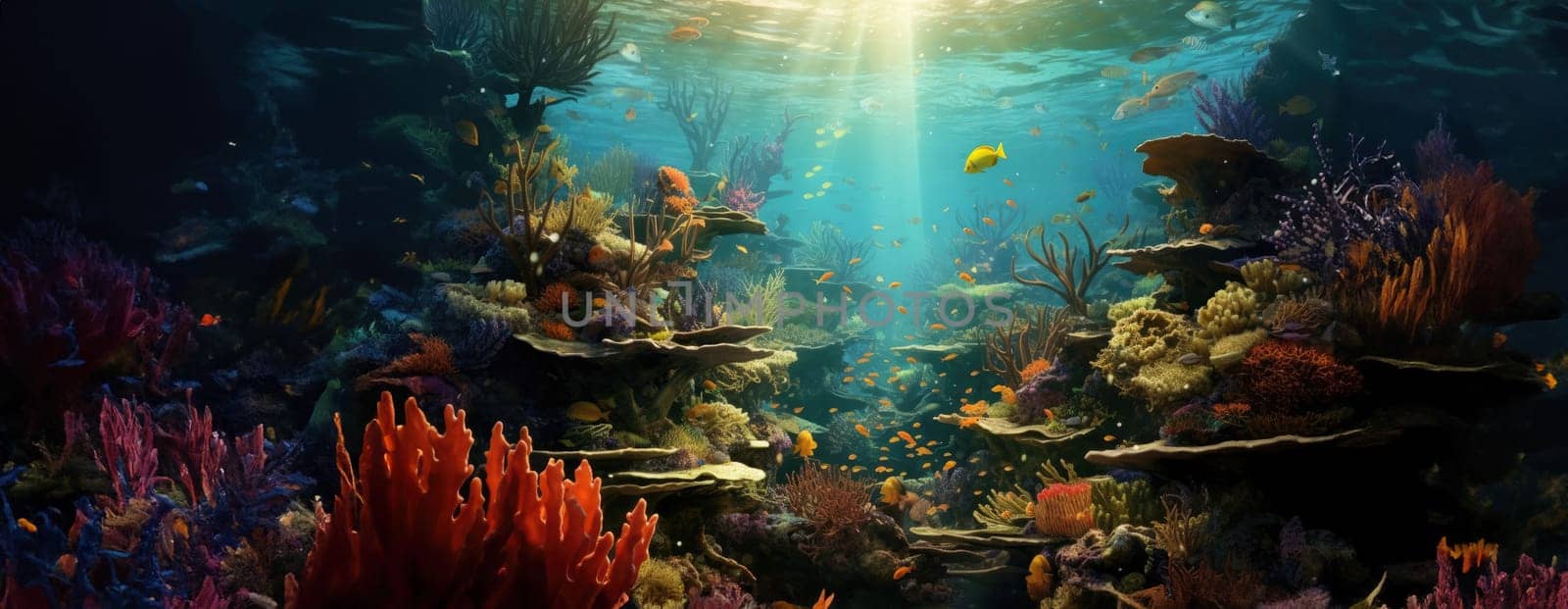 Tropical sea underwater fishes on coral reef. Aquarium oceanarium wildlife colorful marine panorama landscape nature snorkel diving. AI Generative