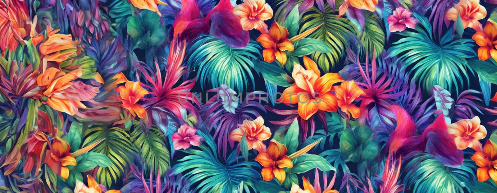 Tropical exotic pattern with animal and flowers in bright colors and lush vegetation. Ai Generative