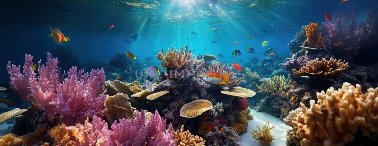 Tropical sea underwater fishes on coral reef. Aquarium oceanarium wildlife colorful marine panorama landscape nature snorkel diving. AI Generative