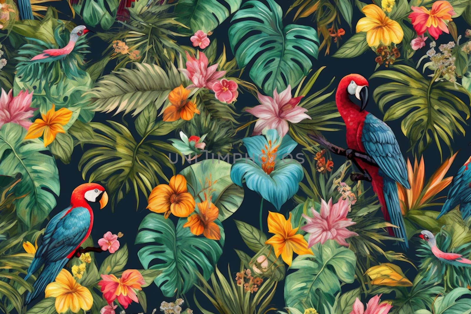 Tropical exotic pattern with animal and flowers in bright colors and lush vegetation. Ai Generative