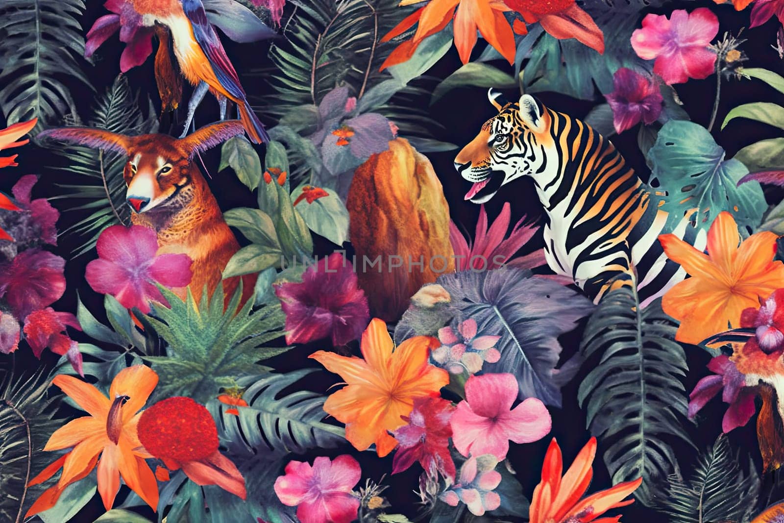 Tropical exotic pattern with animal and flowers in bright colors and lush vegetation. Ai Generative