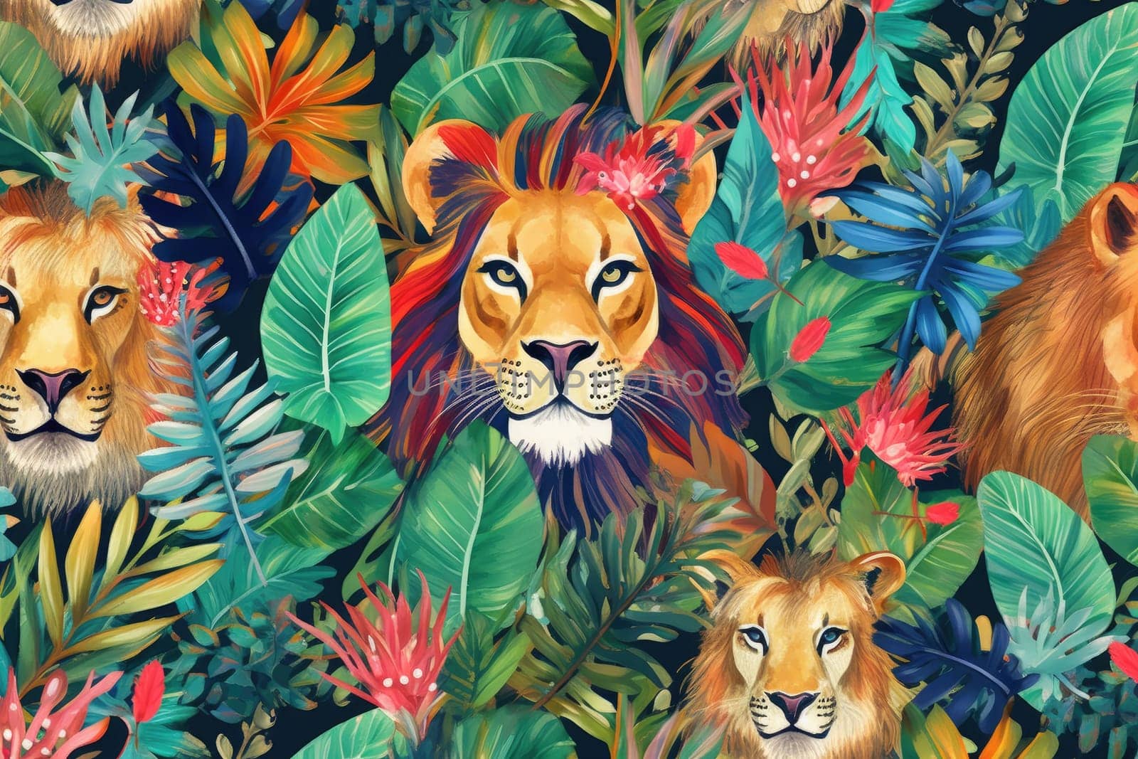 Tropical exotic pattern with animal and flowers in bright colors and lush vegetation. Ai Generative. by Benzoix