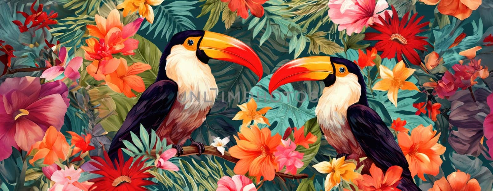 Tropical exotic pattern with animal and flowers in bright colors and lush vegetation. Ai Generative. by Benzoix