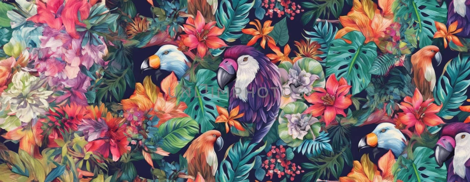 Tropical exotic pattern with animal and flowers in bright colors and lush vegetation. Ai Generative