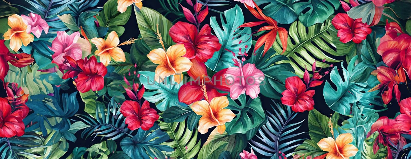 Tropical exotic pattern with animal and flowers in bright colors and lush vegetation. Ai Generative